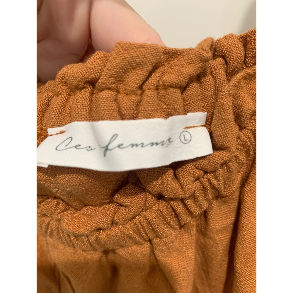 Ces Femme Rust Orange Linen Blend Ruffle Strap Wide Leg Jumpsuit Large - Picture 2 of 6